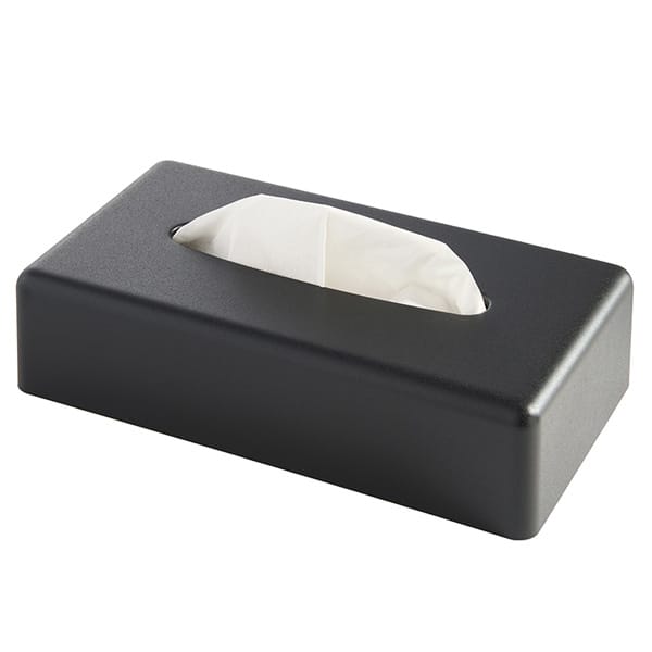 hotel guest room accessory black tissue box with tissue inside