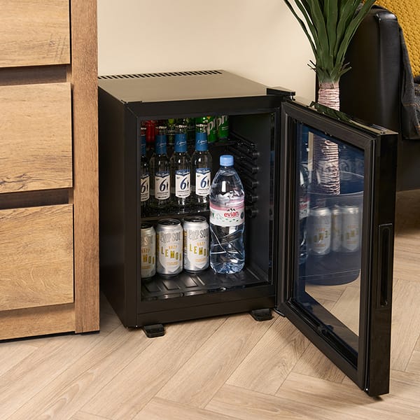 Corby Eton 40L glass door minibar installed in modern hotel room
