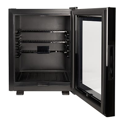 Interior view of Corby Eton 40L minibar showing black interior and adjustable shelves