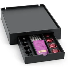 Black faux leather hospitality tray with drawer open showing assorted coffee pods