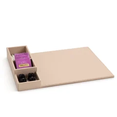 Leather style hotel tray paired with condiment tray for hotel room in beige