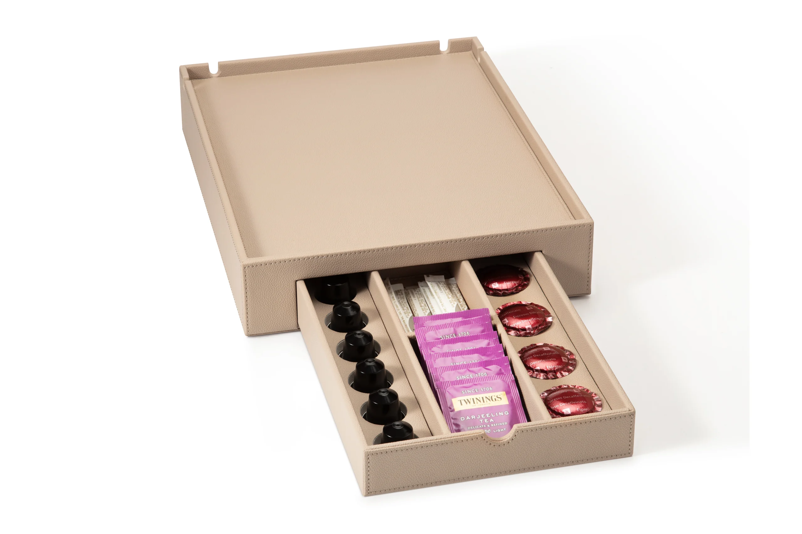 luxury faux leather coffee tray with coffee pods