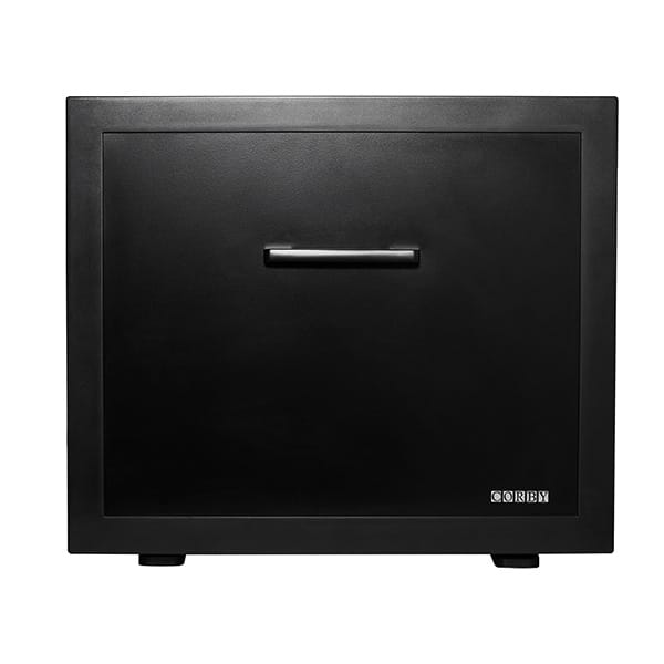 the Corby Henley 45L Drawer Minibar in black by hotel lock and safe