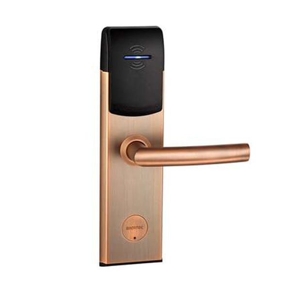 a smart lock for hotels in antique brass and black by Hotel Lock and Safe