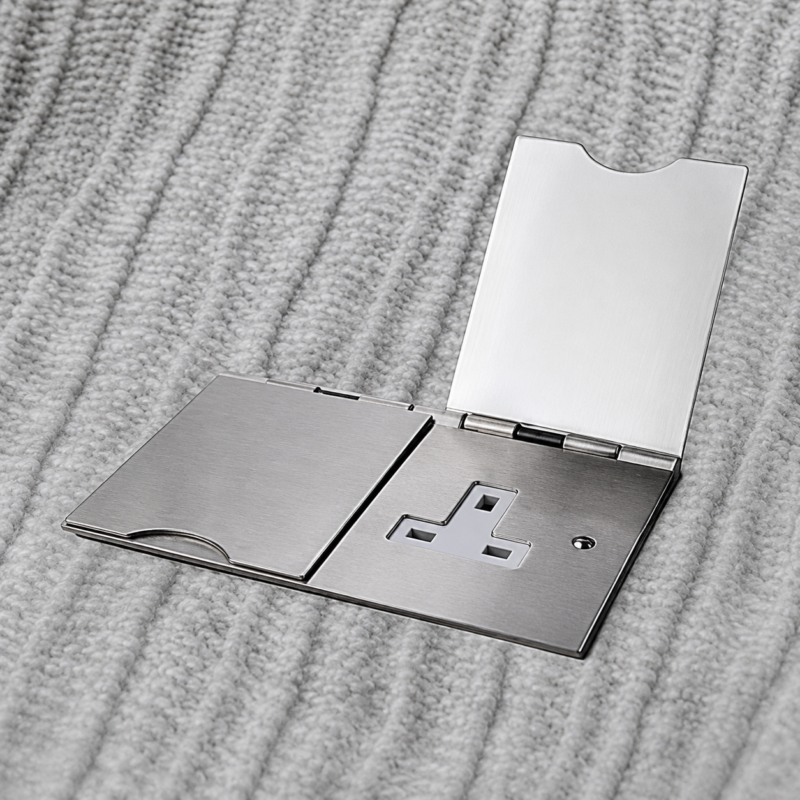 Elite Floor Socket Range that is a flat discreet double plug socket in silver on a floor of a hotel room by Hotel Lock and Safe