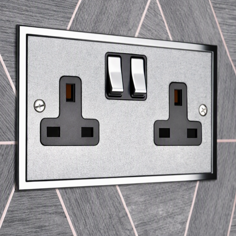 Elite stepped plate range two tone double plug socket on a hotel room wall by Hotel Lock and Safe