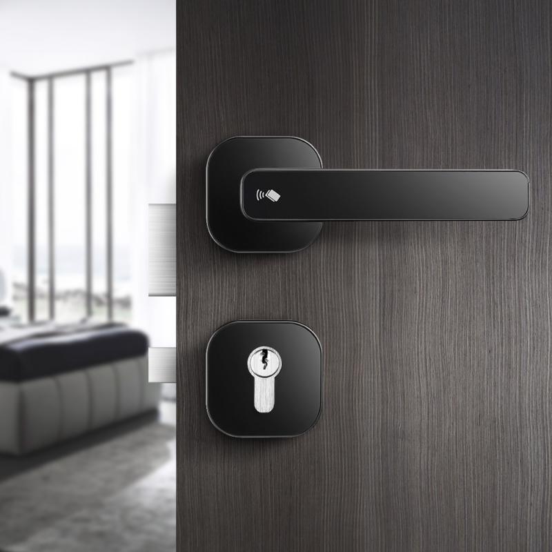 HLS160 hotel door lock with smart access fixed on an open hotel door by hotel lock and safe