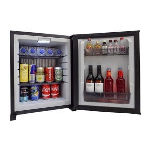 Omnitec Pure N absorption minibar with door open and view inside the minibar showing contents