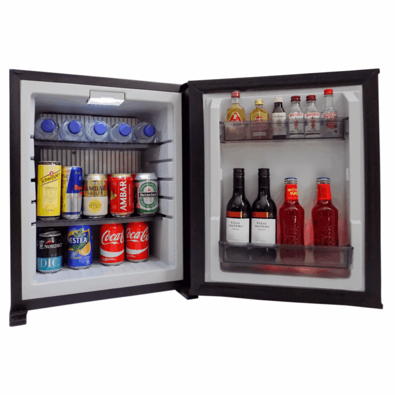 Minibar with door open and filled with cans and bottles of drinks