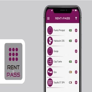 Rent & Pass Access Management app displayed on a smartphone for secure hotel access control, digital keys and remote lock management.