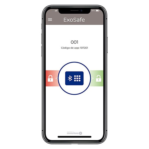 ExoSafe Bluetooth Safe App on a smartphone showing secure lock and unlock controls for Bluetooth hotel safes.