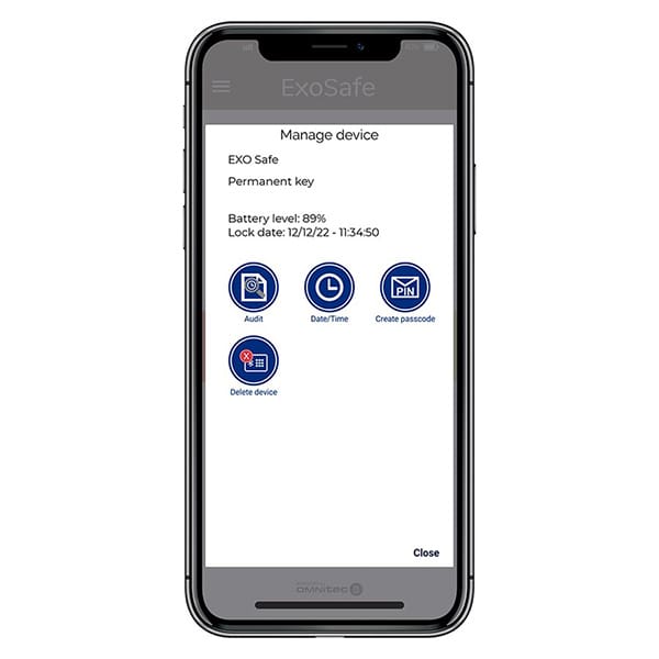 ExoSafe Bluetooth Safe App displaying hotel safe management tools, including audit history, passcode creation and device settings.