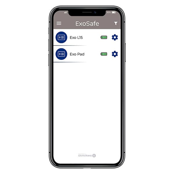 ExoSafe Bluetooth Safe App showing multiple Bluetooth hotel safes for secure management and remote smartphone control.