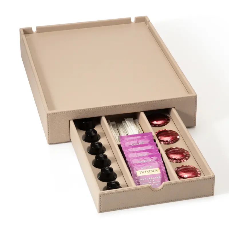 Space Luxury Faux Leather Tray With Drawer in Warm Beige