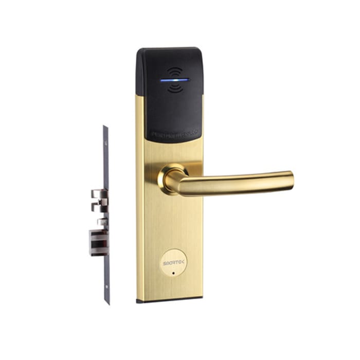 a smart lock for hotels in gold and black by Hotel Lock and Safe