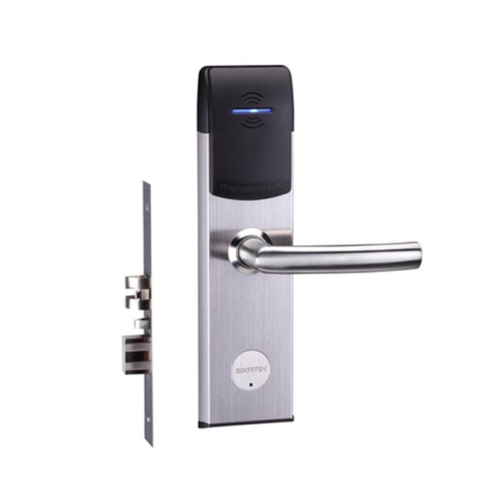 a smart lock for hotels in silver and black by Hotel Lock and Safe