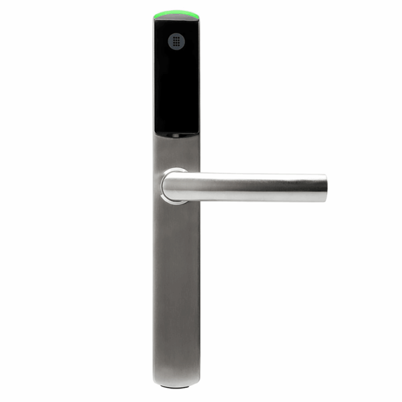omnitec os slim hotel door lock in silver with the green activation light