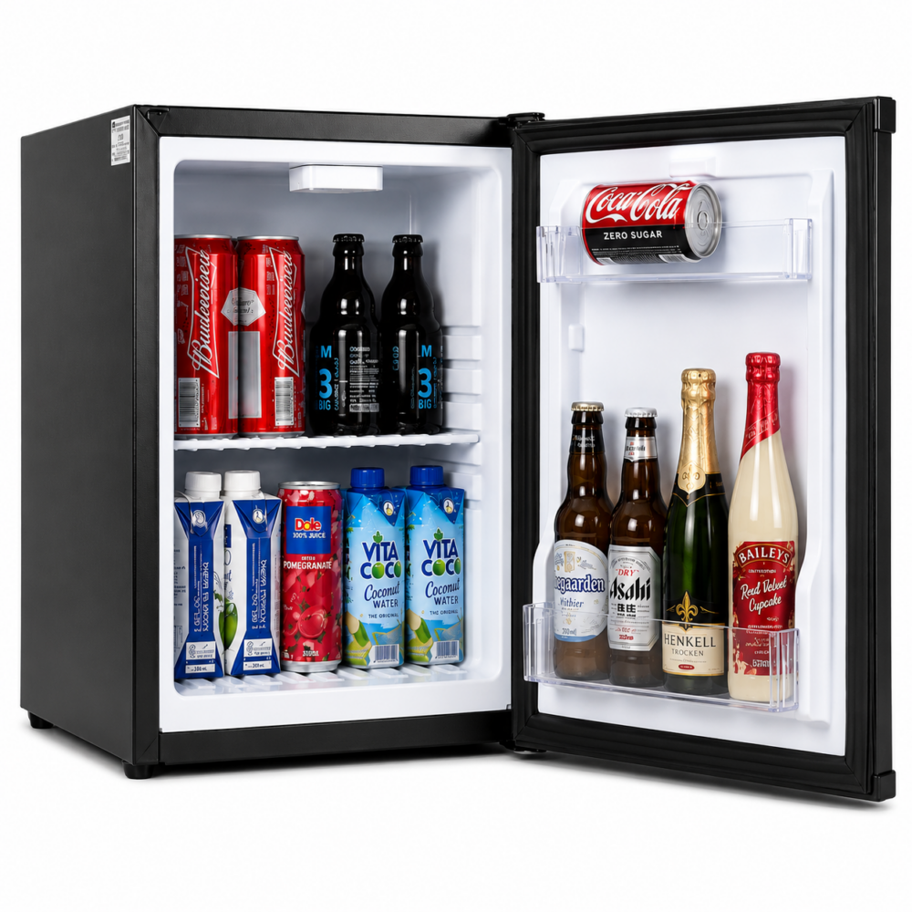 hotel minibar as a room accessory in a hotel room with a black solid door, door is open showing contact and size of the inside by Hotel Lock and Safe