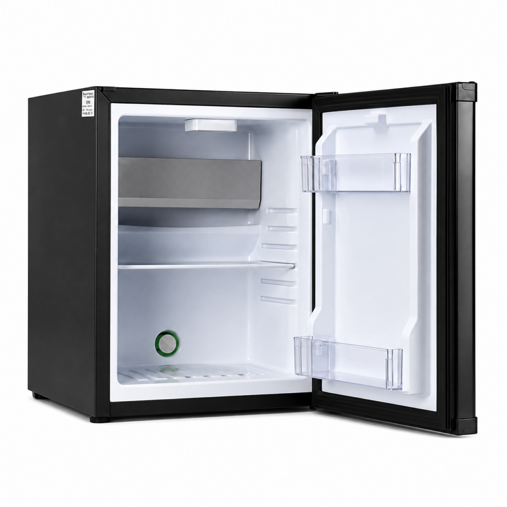 hotel room accessory minibar absorption 25L with solid door, door is open to show the capacity inside with shelving by Hotel Lock and Safe