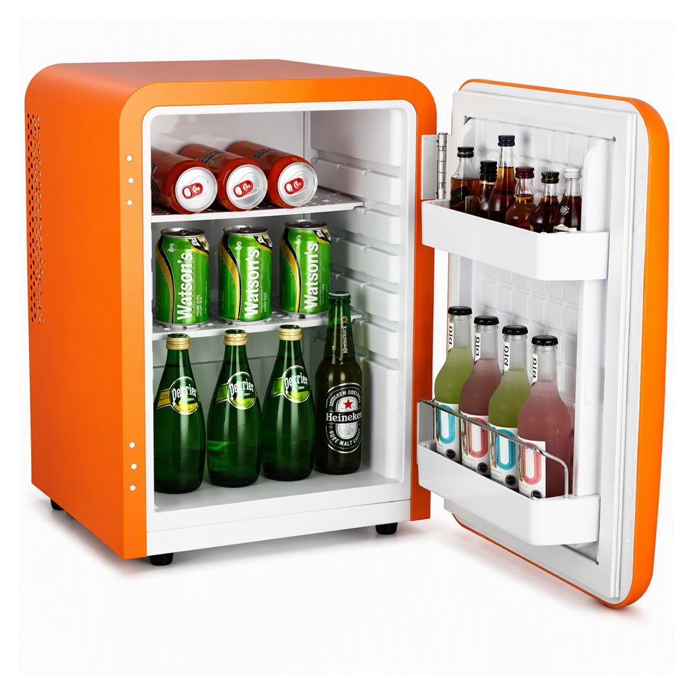 Hotel 40L retro minibar in orange with door open and drinks seen inside by Hotel Lock and Safe