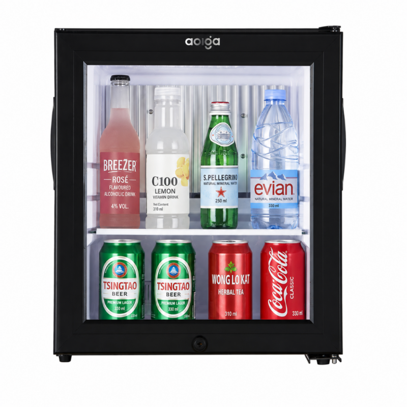 hotel glass door 25L minibar with contents seen through the glass door by Hotel Lock and Safe