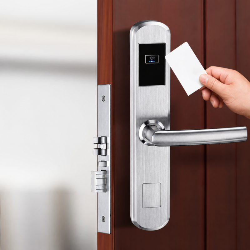 HLS200 hotel smart lock with rfid and BLE access in silver on a hotel door by hotel lock and safe
