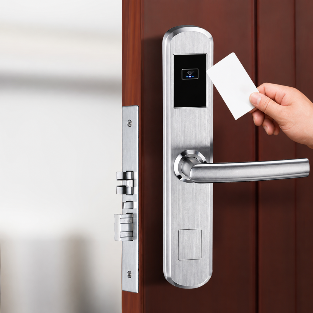 HLS200 hotel smart lock with rfid and BLE access in silver on a hotel door by hotel lock and safe