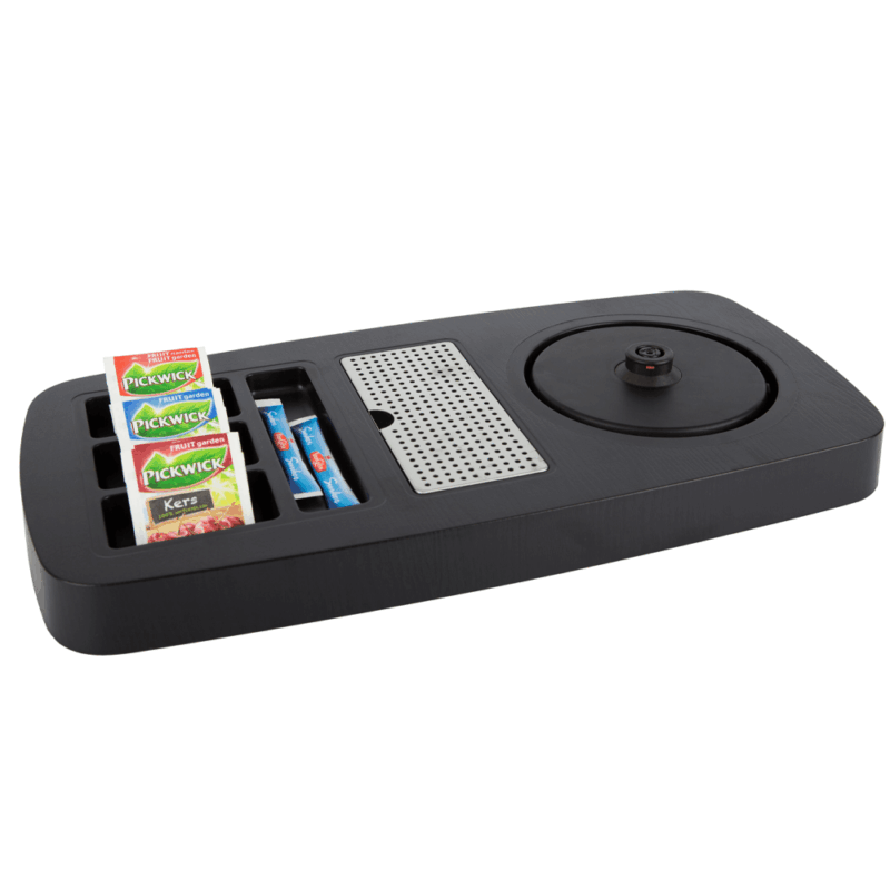 hotel room accessory B-Tray Sense hospitality Tray in black with sachets in the holders by hotel lock and safe