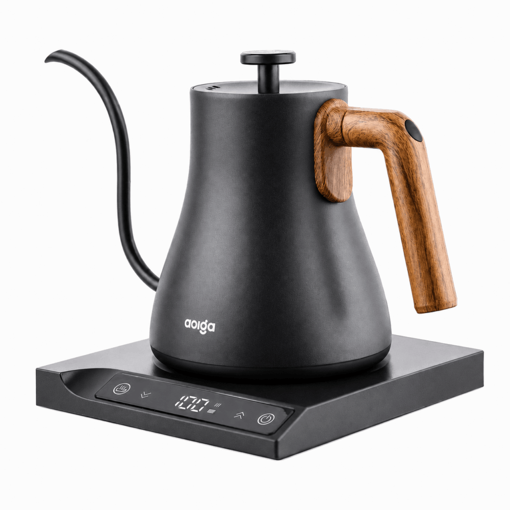aolga hotel kettle with wooden handle and long spout by hotel lock and safe