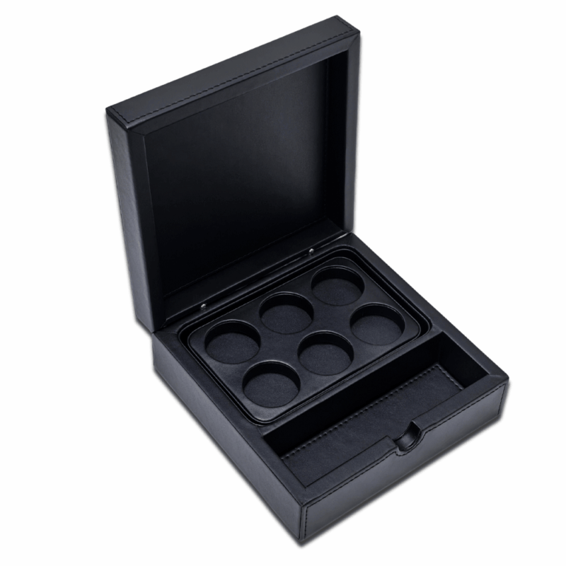 hotel room accessory B-Tray faux leather store sachet holder in black with open lid showing the compartments inside