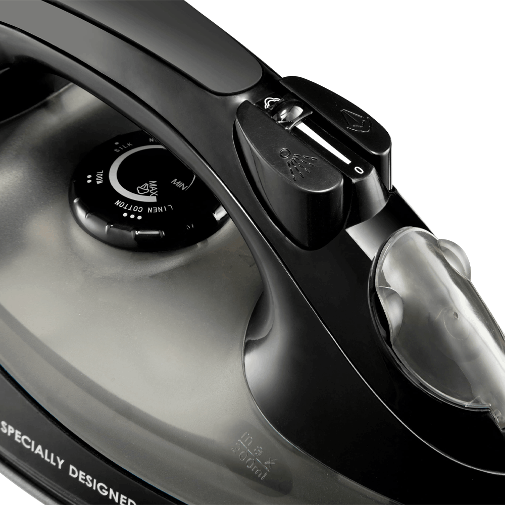 view showing the dial and buttons of the Btray hotel 1600w steam iron in black by hotel lock and safe