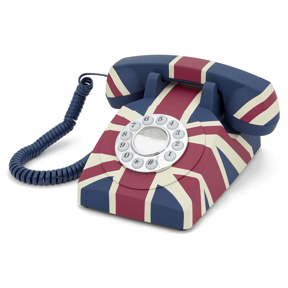 angle view of the Retro GPO union flag push button dial phone by hotel lock and safe