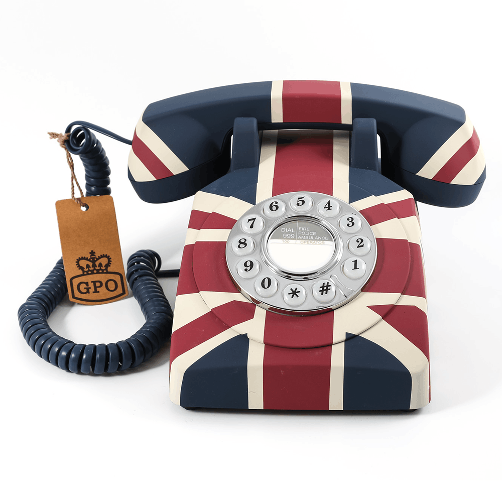 front view of the Hotel GPO union flag telephone with push button dial retro phone by hotel lock and safe