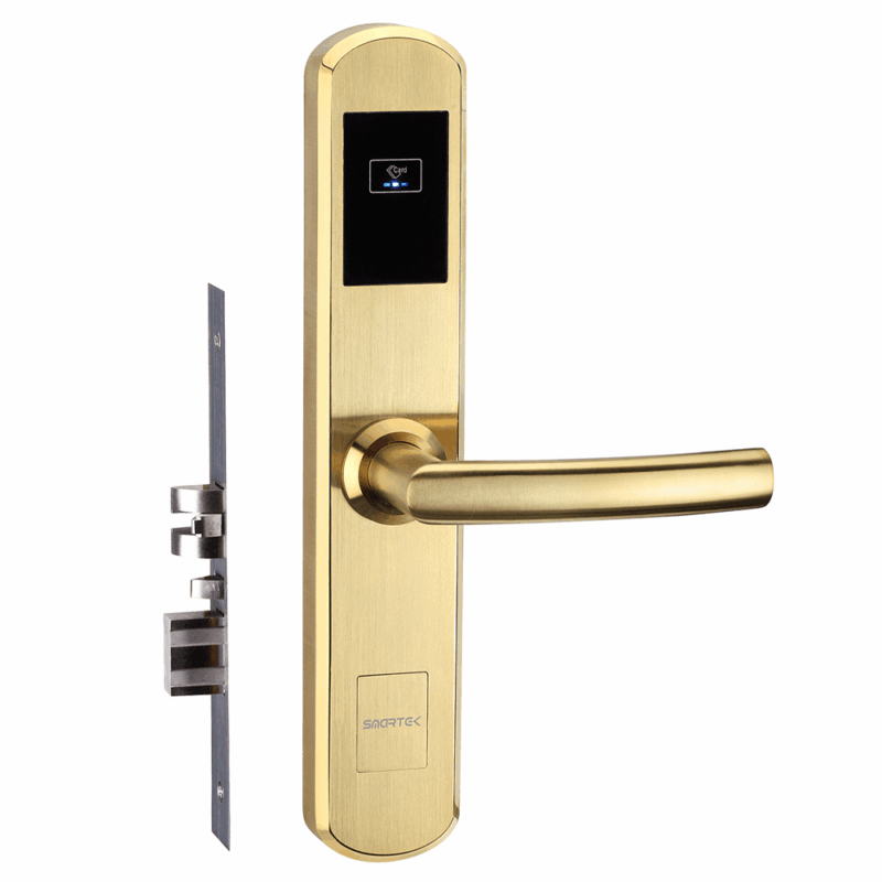Front view of the HLS200 Smart Slim Lock in Gold with RFID card reader, lever handle and mortise