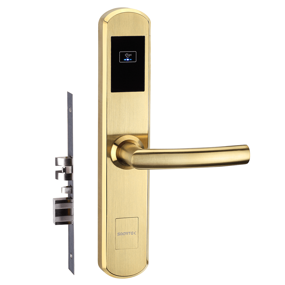 Front view of the HLS200 Smart Slim Lock in Gold with RFID card reader, lever handle and mortise