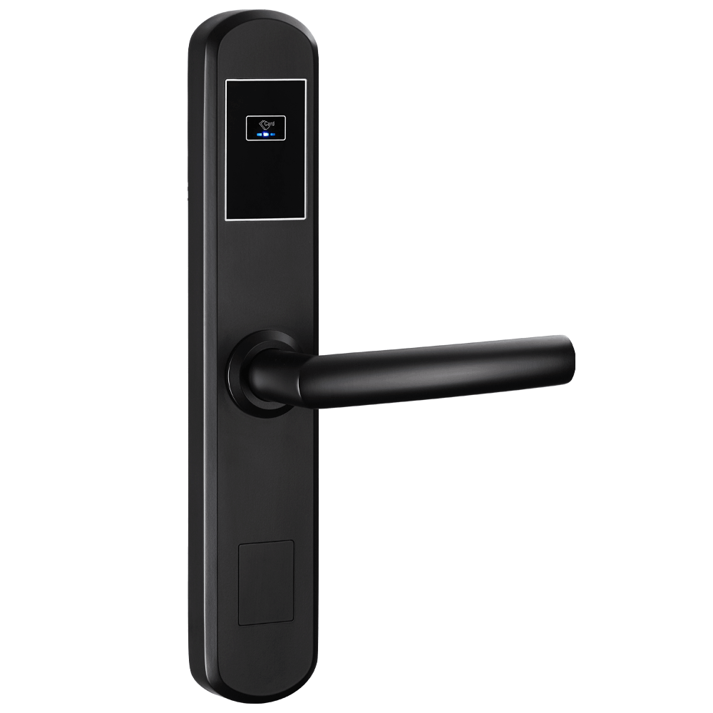Angled view of the black HLS200 Smart Slim Hotel Lock with RFID card reader and straight handle