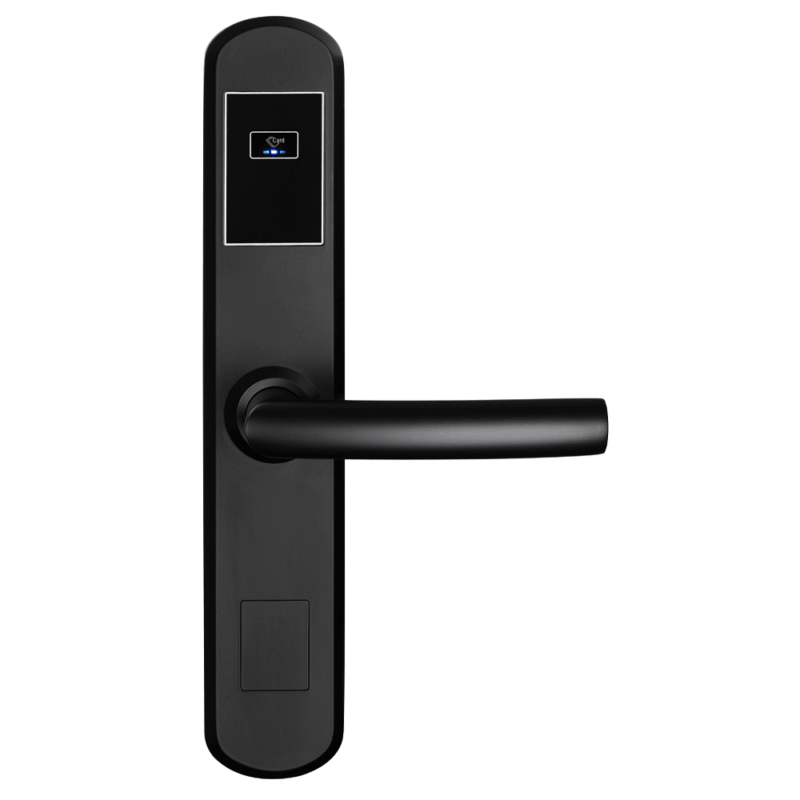 Front view of the black HLS200 Smart Slim Hotel Lock showing its RFID reader and lever handle
