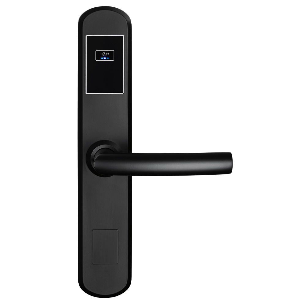 Front view of the black HLS200 Smart Slim Hotel Lock showing its RFID reader and lever handle