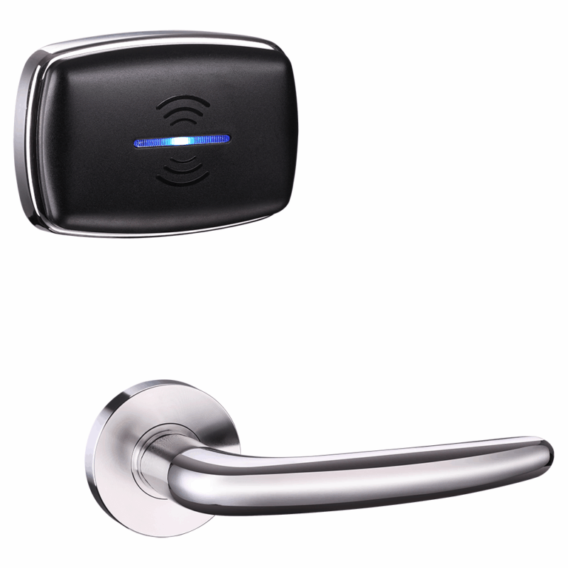 HLS100 stainless steel lock with black RFID reader and curved silver handle