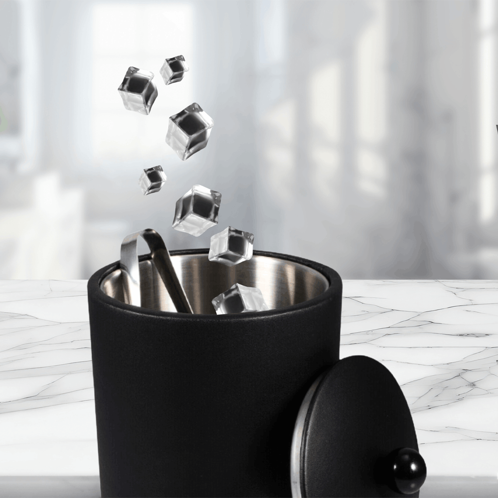 Ice cubes above the open Black SLUSH ice bucket, showing its stainless steel interior and lid