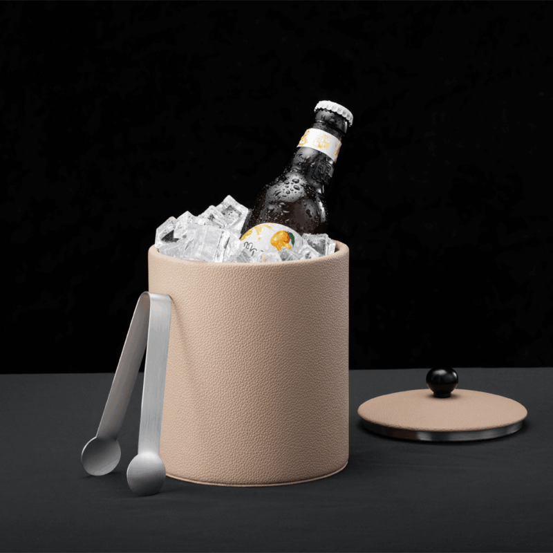 Warm Beige SLUSH ice bucket holding a bottle in ice, with its lid and tongs beside it