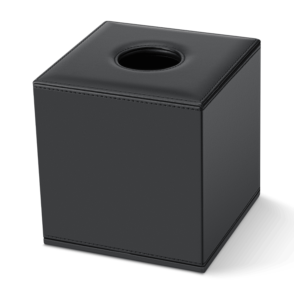 Shape Leatherette Tissue Cube Box in Black, shown from the front and side