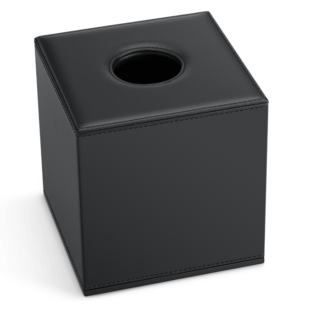 Angled view of the Black Shape tissue cube box showing its round opening and stitched edges