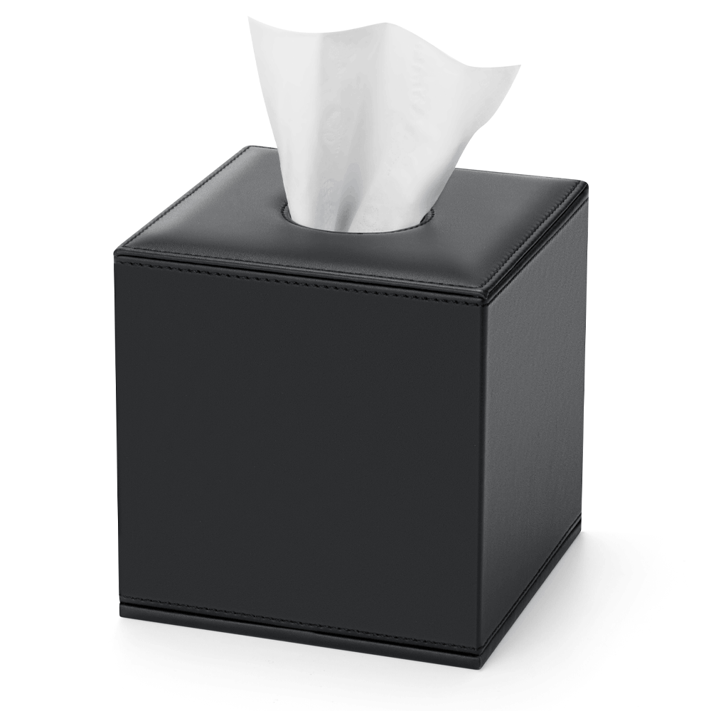 Shape Leatherette Tissue Cube Box in Black with a white tissue through the top opening