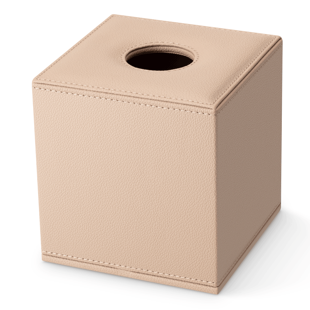 Shape Leatherette Tissue Cube Box in Warm Beige, shown from the front and side