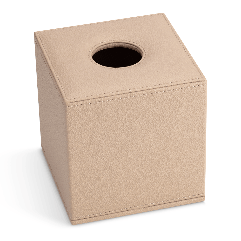 Warm Beige Shape leatherette cube tissue box with stitched edges and a round top opening