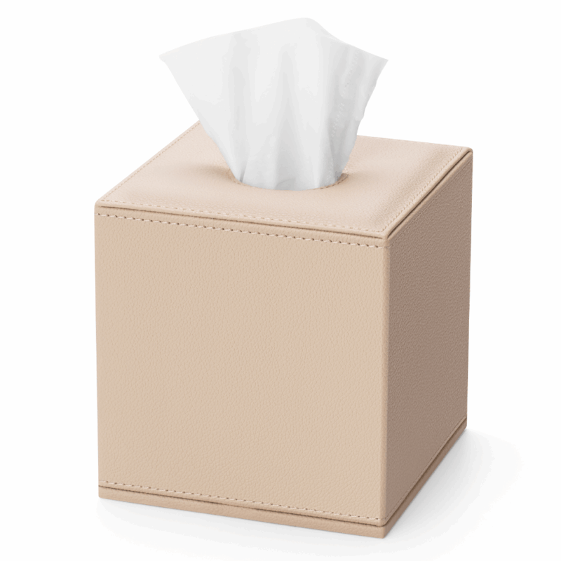 Shape Leatherette Tissue Cube Box in Warm Beige with a tissue through the top opening
