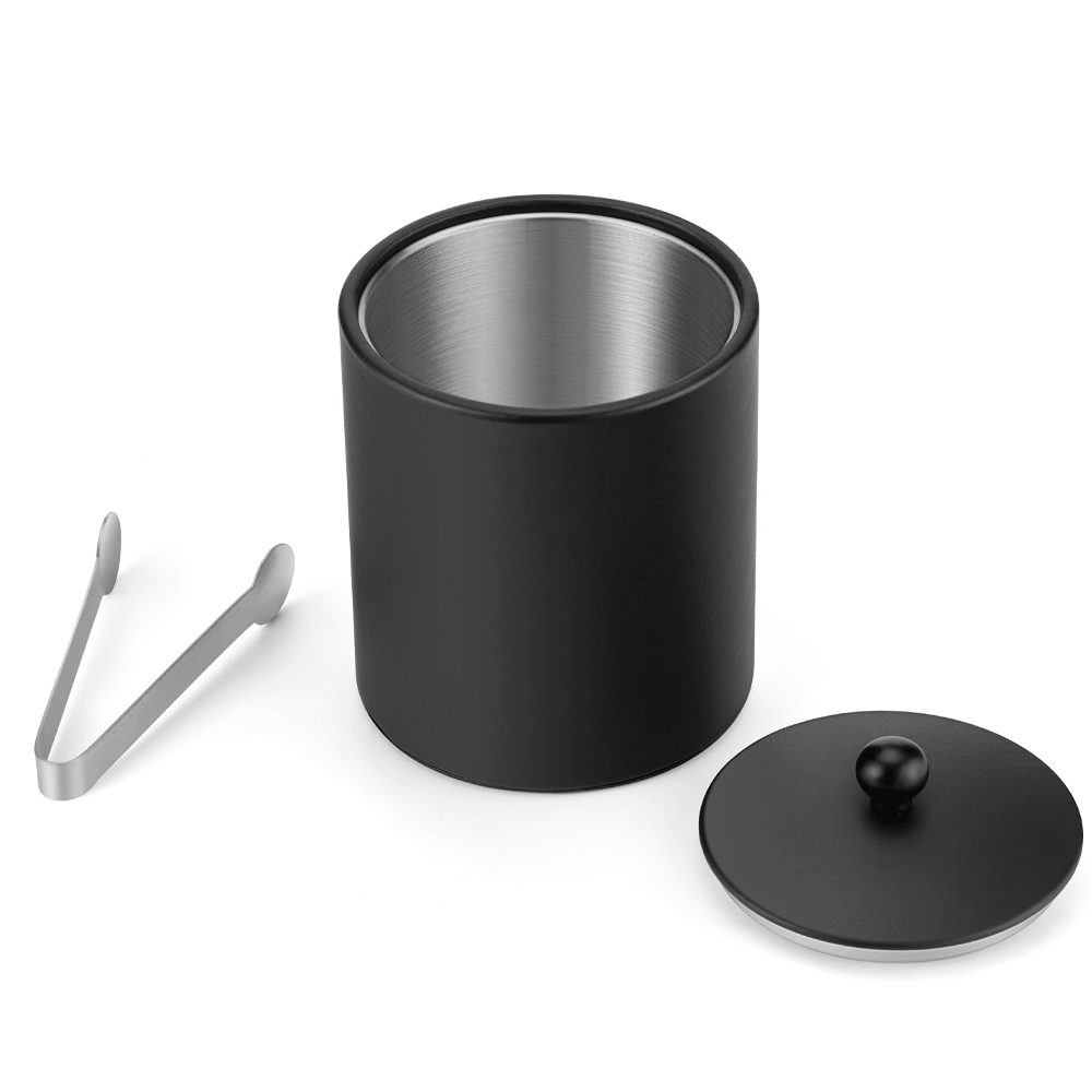 Open Black SLUSH ice bucket showing its stainless steel interior, lid and ice tongs