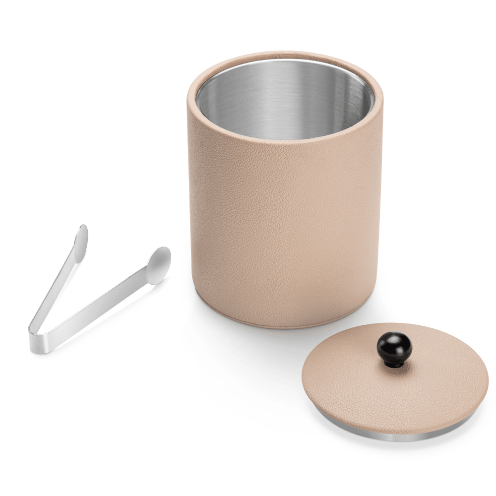 Open Warm Beige SLUSH ice bucket showing its stainless steel interior, lid and ice tongs