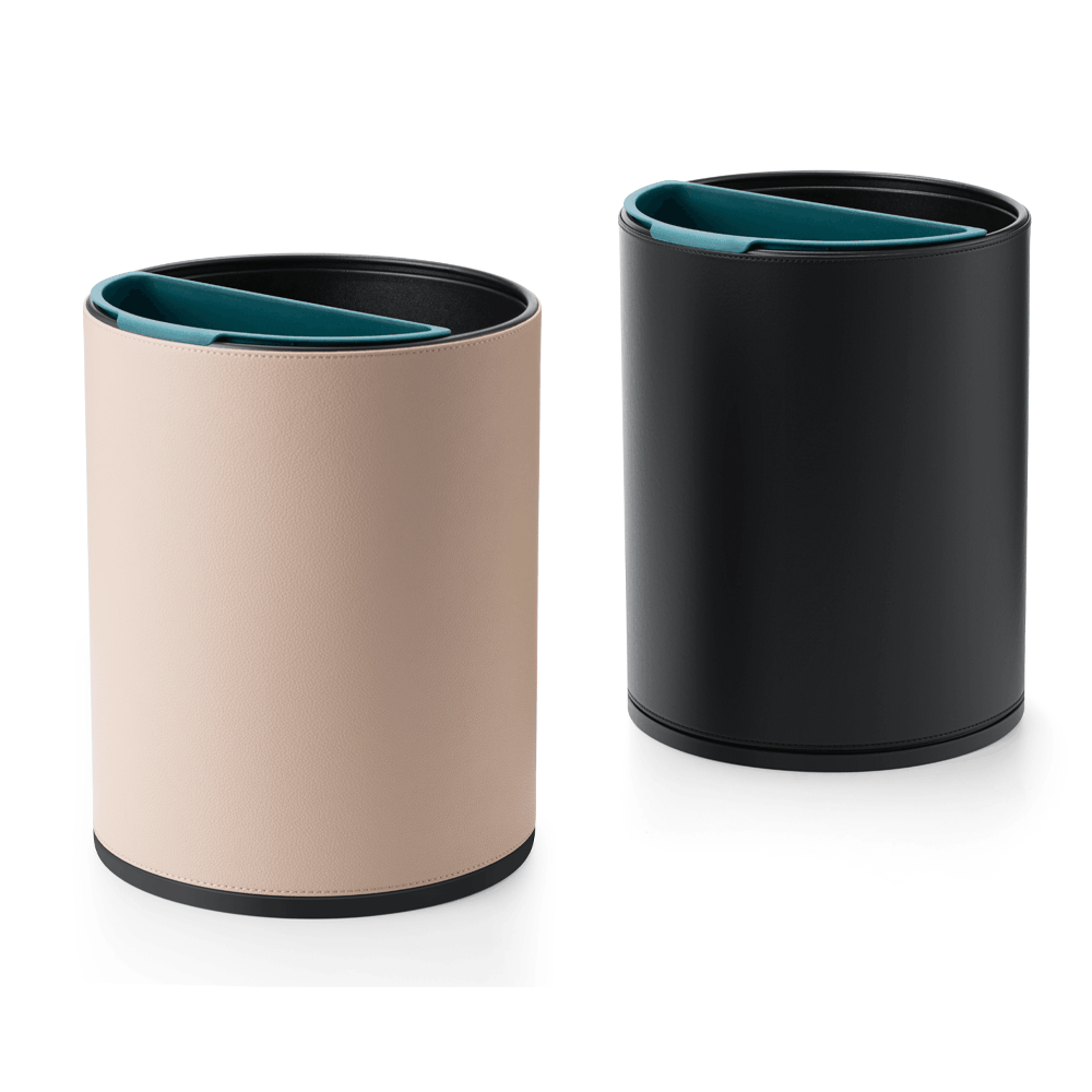 Warm Beige and Black SUMO leatherette waste bins shown side by side